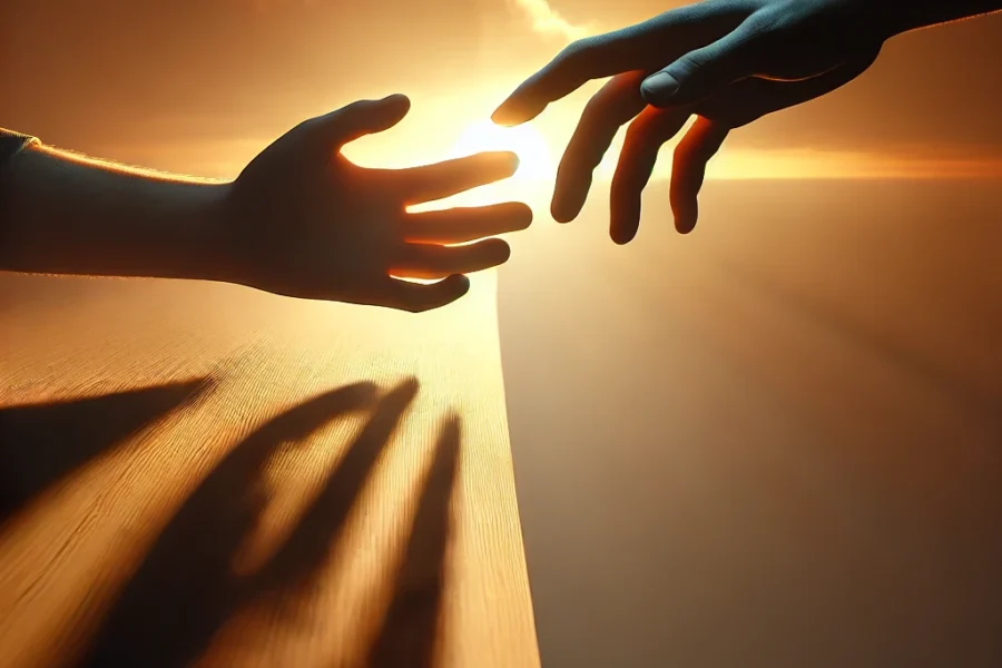 A hand reaching out from the shadows to grasp another hand in the light, symbolizing second chances and hope