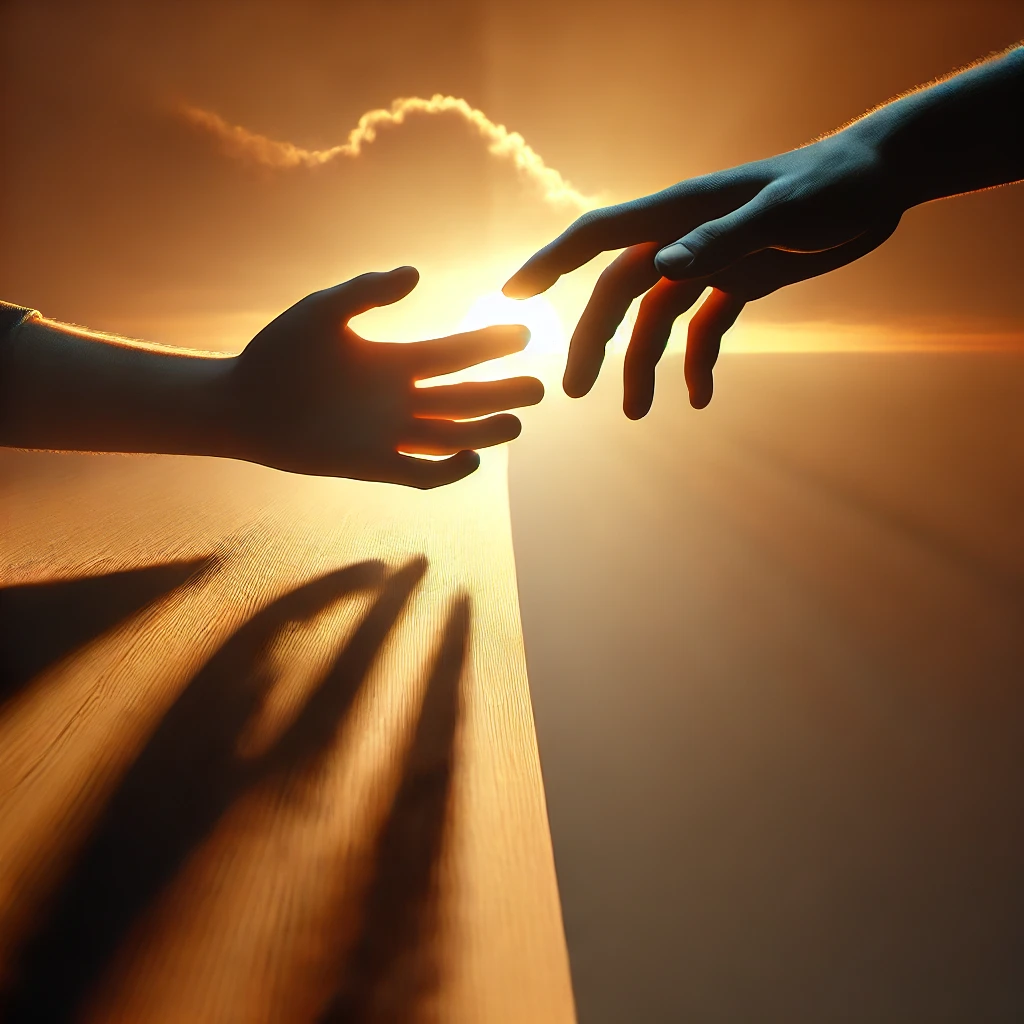 A hand reaching out from the shadows to grasp another hand in the light, symbolizing second chances and hope