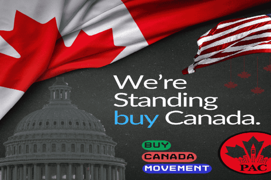 A digital graphic featuring a large Canadian flag prominently displayed on the left, with a smaller, slightly worn U.S. flag on the right. The U.S. Capitol building is in grayscale in the background, while red maple leaves hang like ornaments on the right side. The text reads, "We’re Standing buy Canada." with “buy” in blue, subtly emphasizing the Buy Canadian movement. Below, three badge-like elements say "BUY," "CANADA," and "MOVEMENT" in green, red, and blue, respectively. A red PAC logo featuring a maple leaf and Canadian Parliament silhouette is positioned at the bottom right. The overall theme conveys Canadian economic independence and support for local businesses amidst U.S. trade tensions.